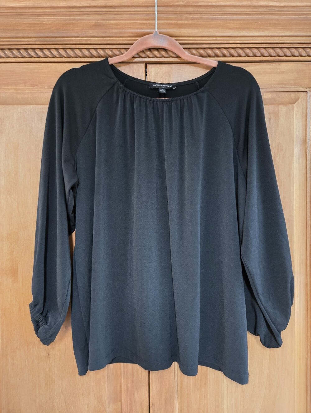Banana Republic Black Long-Sleeve Gathered-Neck Blouse